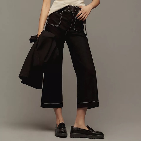 Anthropologie Maeve The Colette Cropped Wide-Leg Pants Contrast-Stitch Black 26 - Picture 1 of 8